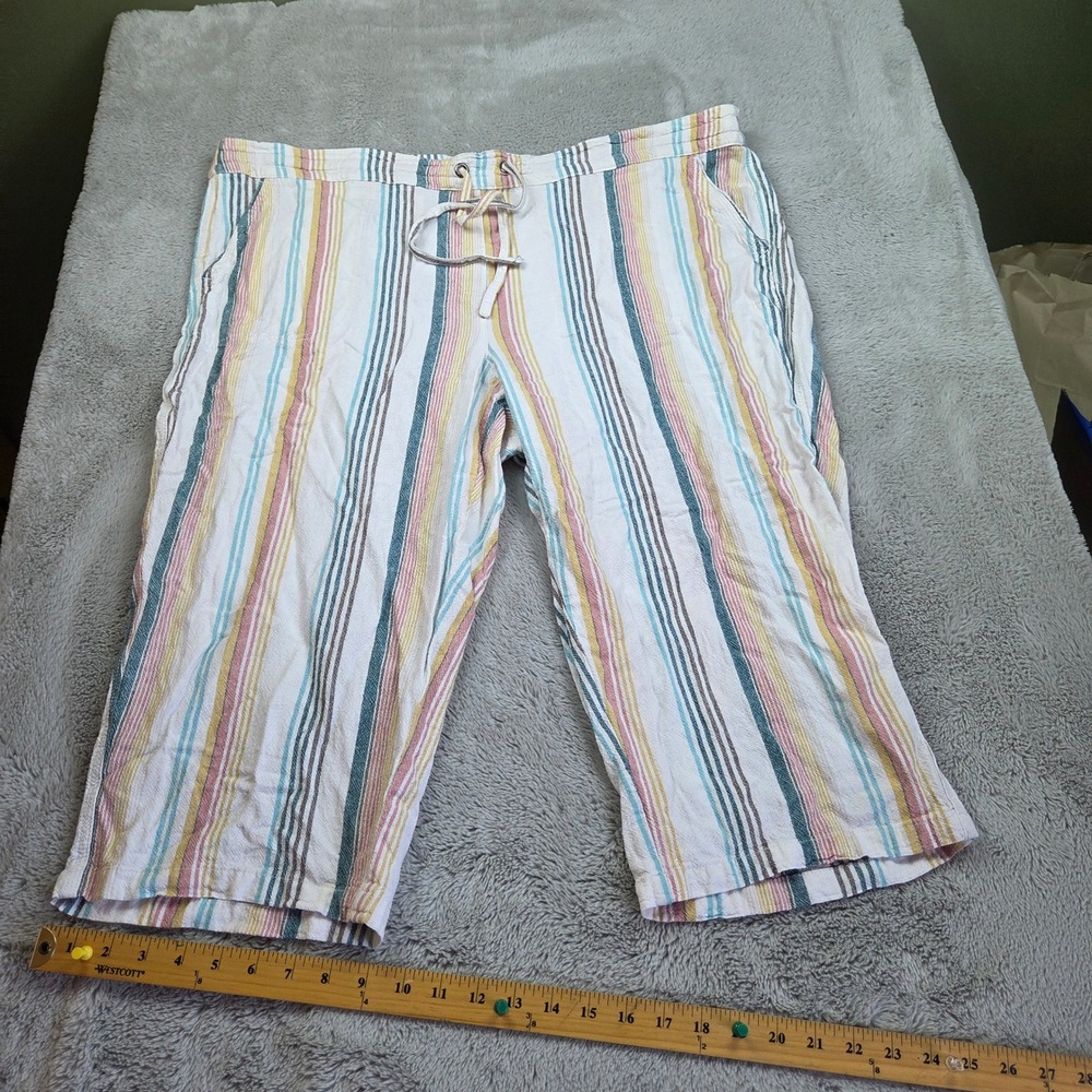 Per Se Linen Crop Pants Womens 3X Striped Drawstring Waist Multi Color 79 Chars